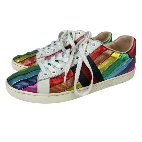 Gucci Rainbow Metallic Multi Colored Stripe Leather Lace Up Ace Sneaker 8 - Picture 1 of 9